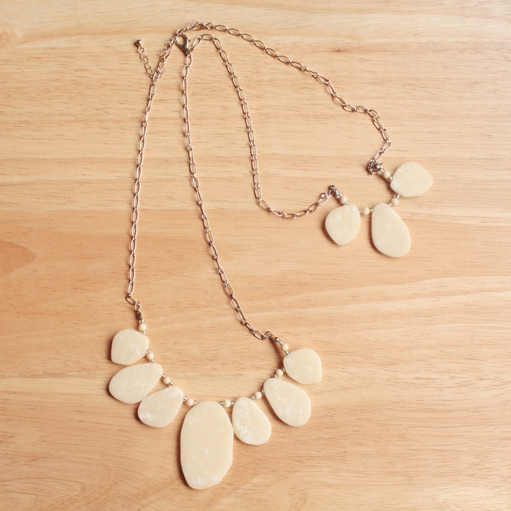 White Cream Beige Jasper Real Stone Slab Gold Tone Necklace Bohemian Boho